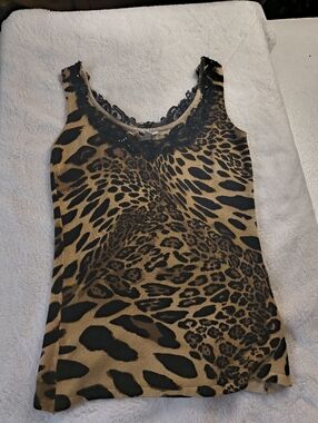 Vintage Cache Leopard Print Lace Trim Tank Top - Black & Tan XS